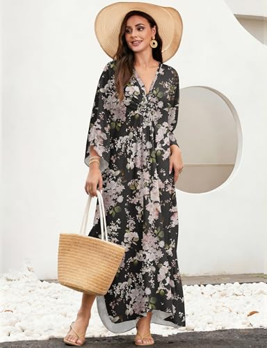 Image of MAKABO Kaftan Dresses for Women, V Neck Moo Moos Colorful Print Cover Ups Caftan Beach Dresses for Swimwear