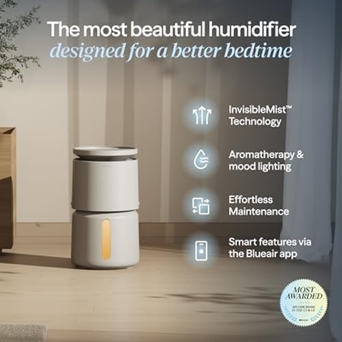 BLUEAIR Room Humidifier - DreamWell - 48Hr Top-Fill Mist-Free InvisibleMist Technology Aroma Stone for Essential Oils and Soothing Mood Lighting - Quiet Operation for Bedroom and Home Use, Beige
