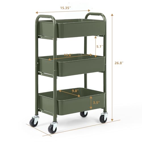 Image of SunnyPoint 3-Tier Delicate Compact Rolling Metal Storage Organizer - Mobile Utility Cart Kitchen /Under Desk Cart with Caster Wheels - Army (15.35 inch X 10.24 inch X 26.8 inchH)