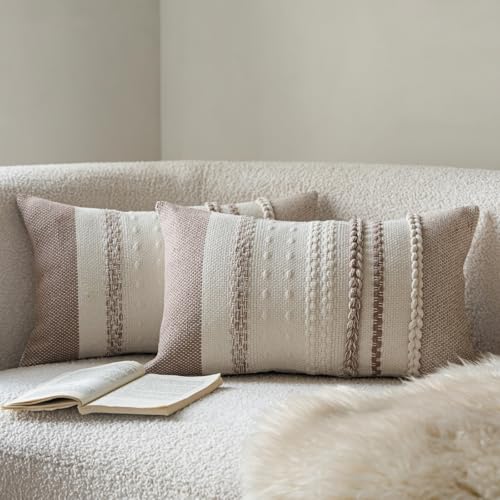 Cethom Boho Throw Pillow Covers 12x20 Inch Set of 2, Khaki Textured Decorative Couch Pillow Cases for Farmhouse Home Decor, Accent Cushion Cover for Sofa, Bed, Living Room, Bedroom