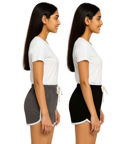 Image of Hangout Hub Women's Cotton Shorts | Boxer Half Pant with Sporty Stripe | Elastic Waist | Hypoallergenic Breathable Fabric | Sweat Absorbent Material | Gym Exercise Yoga Lounge Run Wear (Multi Color)