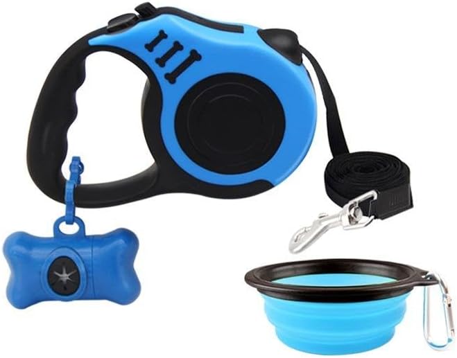 – Dog Walking Essentials 3-in-1 Kit – 5M Anti-Tangle Retractable Leash with Large 18cm Travel Bowl & Waste Bag Dispenser – Blue