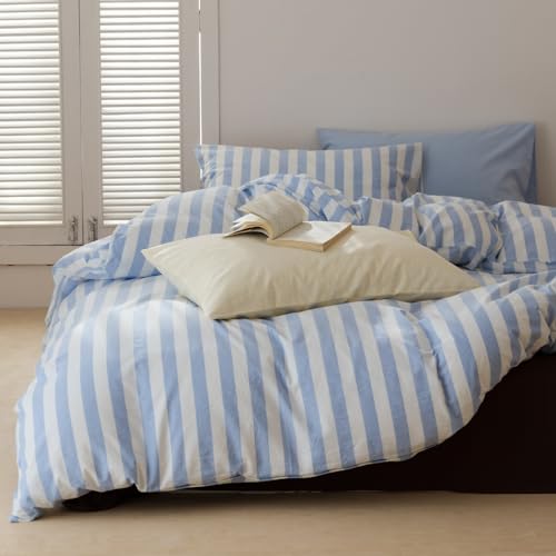 Image of Striped Duvet Cover King Size Blue White Stripes Geometric Bedding Set 3 Pieces Retro Vertical Stripe Soft Lightweight Microfiber Comforter Cover Set with Zipper Closure and 2 Pillowcases