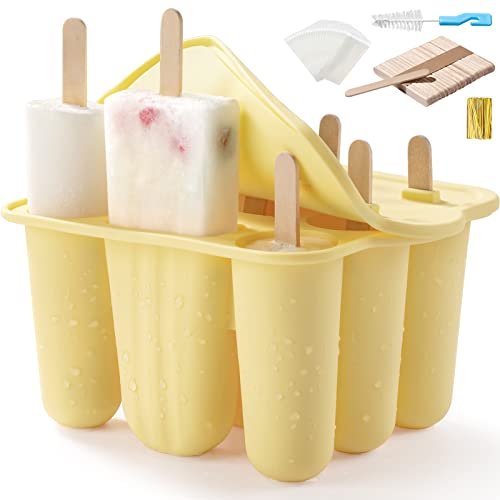 Popsicle Molds for Kids, 9 Pieces Popsicles Molds Silicone BPA- Free Popsicle Maker Ice Pop Mold Ice Pops Maker DIY Handmade Popsicles Molds for Kids Adults with Popsicle Sticks+Popsicle Bags, Yellow