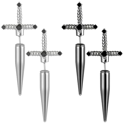 Kawailay 2 Pares Pendientes Espada Gótica Daga Vintage Rock Hip Hop Punk para Mujer - Plata y Negro | Ya disponible en tu tienda friki favorita! En mundofriki.es!