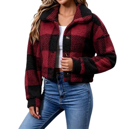 Wine Winter Jackets For Women Fleece Plaid Button Front Cropped Shackets