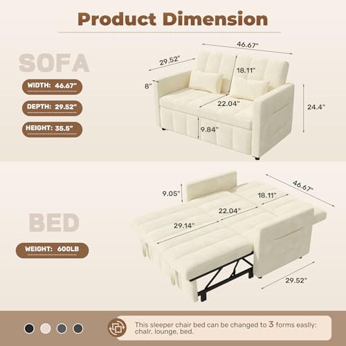 Image of Nebuaegis Sleeper Sofa Bed,3-in-1 Convertible Pull Out Couch with Adjustable Backrest for Living Room,Loveseat Sofa Bed with Side Pockets,Easy Assembly,Beige,1 PCS