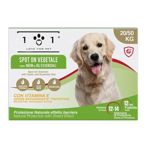 101 love for pet Antiparassitario Cani Contro Pulci, Zecche e Zanzare Naturale 12 Fiale 1 ml Antipulci per Cani Taglia Media e Grande con Olio di Neem Lunga Durata