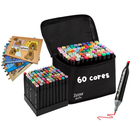 Kit Canetinhas 60 Cores com Livro de Colorir, Canetas Hidrográficas Ponta Dupla, Estojo Organizador Portátil, Ideal para Crianças, Adultos e Artistas Iniciantes (60)