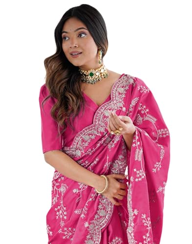 Image of SIRIL Women's Satin Embroidery And Scalloped Border Saree With Unstitched Blouse Piece