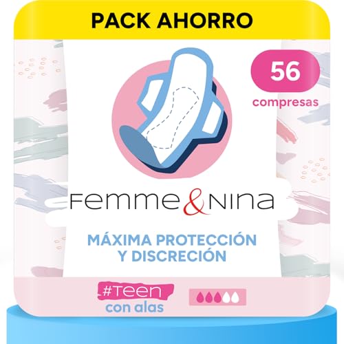 FEMME & NINA 56 Compresas con Alas para Adolescentes, Algodón con Tacto Suave para Extra Confort, Núcleo Altamente Absorbente, Máxima Protección, Ultra Finas, Cero Olor e Incomodidad, 4 Paquetes