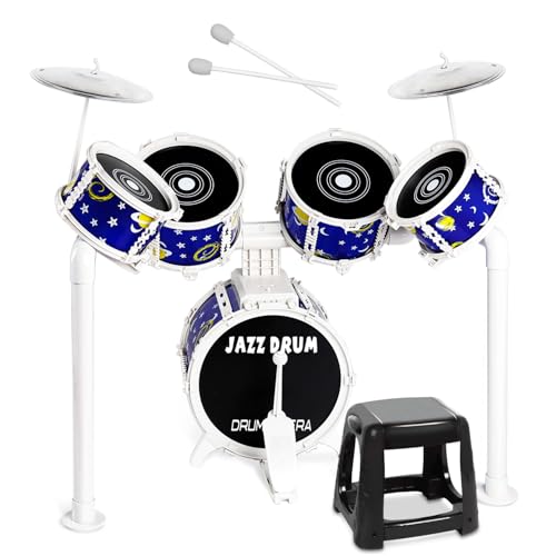 Verdantree Kids Drum Kit, Junior Jazz Drum Set Toddler Toy 5 Drums with Stool Pedal Cymbal and Drumsticks Beginners Musical Instrument Percussion Holiday Birthday Educational Gift for Boys Girls, Blue