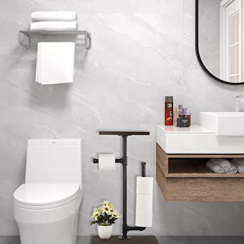 Toilet Paper Holder, Freestanding Tissue Paper Roll Holder Stand, Toilet Paper Storage Dispenser, Bathroom Accessories Tissue Holder With Rustic Wooden Storage Shelf And Cast Iron Pipe For Bathroom #TOP4