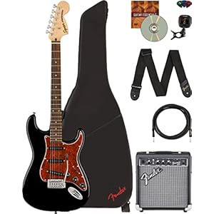 Fender Squier Affinity Stratocaster – Limited Edition Black, Bundle with Frontman 10G Amplifier, Gig Bag, Cable, Tuner, Strap, Picks, and Austin Bazaar Instructional DVD