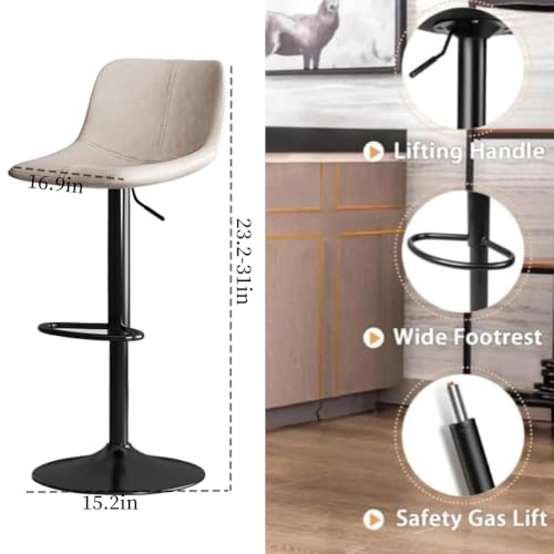مجموعة مقاعد بار من قطعتين، كراسي بار بارتفاع طاولة دوارة مع ظهر، كراسي بار عصرية قابلة للتعديل، مقعد طويل بدون اذرع من جلد البولي يوريثين للمطبخ (بيج)