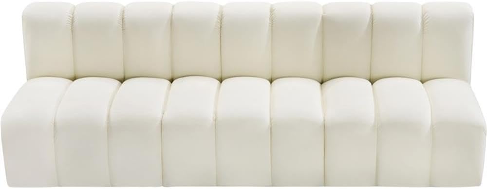 BOWERY HILL Contemporary Modular Sectional, 89.5" W x 31" D x 30" H, Cream Vegan Leather Upholstery, Deep Channel Tufting, Attachment Latch, Modern Sofa for Living Room, Bedroom, or Home Office