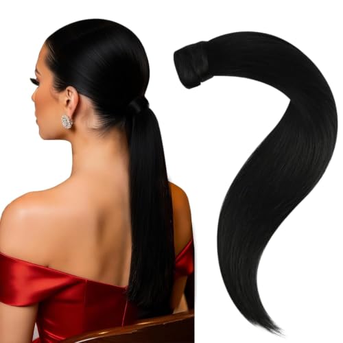 Image of Easyouth Pony Tail Extensions Human Hair for Black Women, Jet Black, 14 Inch 70G, Real Hair Ponytail Extension, Wrap Around Ponytail, for Women