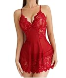 Conjunto de camisola e tanga de renda Babydoll, patchwork de malha recortada, lingerie para mulheres sexy, Vinho tinto, GG