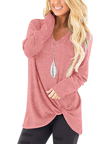 Image of Womens Tops Long Sleeve Shirts V Neck Loose Twist Knot Fall Tunic