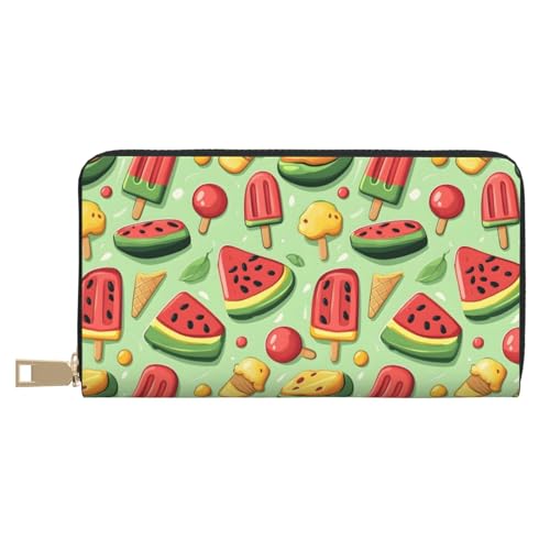 Leather Thin Slim Wallets for Women & Men - Cartoon Watermelon Ice Pop Print Card Wallet Holder with Zipper