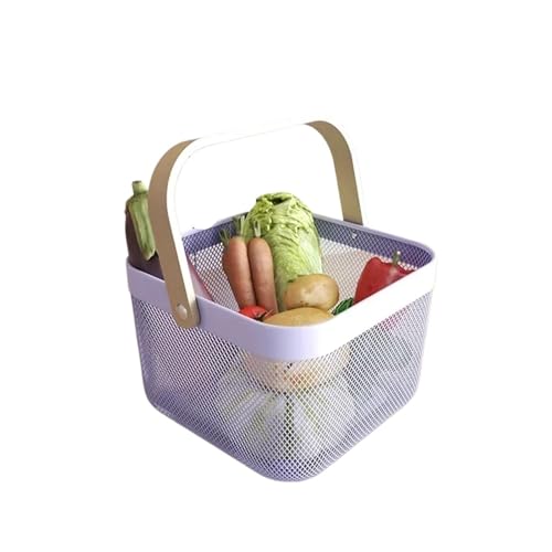 RUWLFE Cesta de almacenamiento al aire libre, malla portátil for acampar, frutas y bebidas, organizar Skep con mango madera, contenedores drenaje cocina Metal para Verduras,Frutas(Purple)