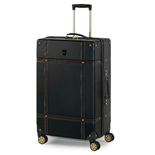 Rock Vintage Large Hard Shell Hold Suitcase in Black - Nostalgic Design, Dual 360 Swivel-Wheels, Telescopic Handle, Impact-Resistant Material & TSA Combination Lock - 78 x 47 x 30cm 4.6KG