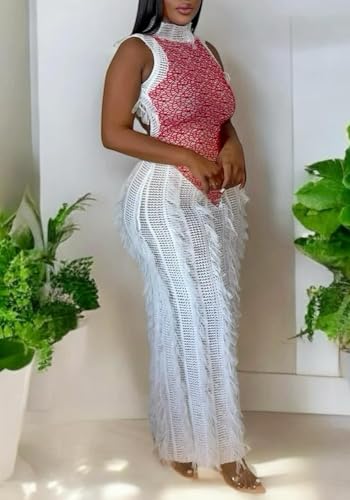 Image of Geulis Women's Sexy Fringe Bodycon Dress Summer Backless Sleeveless Patchwork Hollow Out Long Maxi Dresses Nigh Out Red