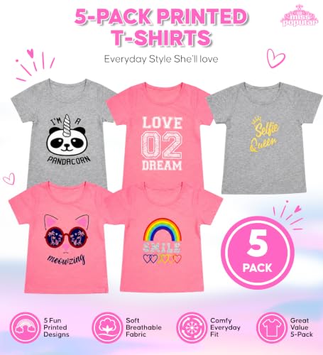 Image of MISS POPULAR Girls 5-Pack Printed T-Shirts, Pink Grey Short Sleeve, Crew Neck. Unicorn, Panda, Selfie, Rainbow. Size 4-16