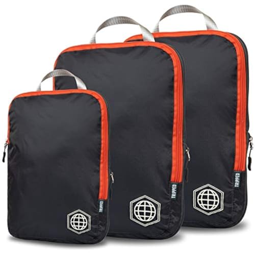 TRIPPED Travel Gear Compression Packing Cubes for Travel - Luggage and Backpack Organizer Packaging Cubes for Clothes (Grey and Orange, 3 Piece Set)
