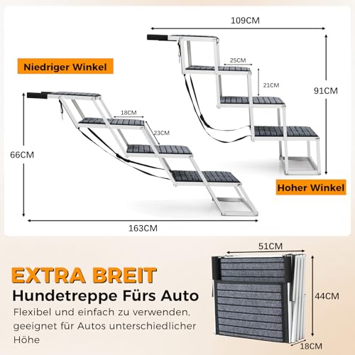 Hundetreppe Auto Für Große Hunde mit Teppich, Extra Breit 4 Stufen Hunderampe Auto Klappbar,Leichte Hunderampe Auto Klappbar, rutschfeste Hundetreppe für Lastwagen und SUV, Unterstützung bis 100 KG