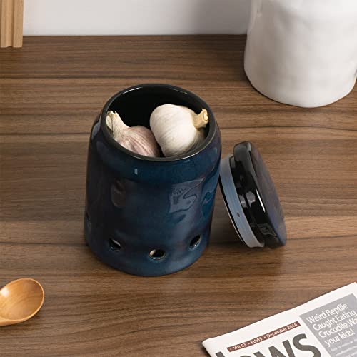 Tanirapel Ceramic Garlic Keeper, Reactive Blue Garlic Saver With Porcelain Lid, Garlic Canister For Kitchen, Garlic Jar, Reactive Blue #TOP5