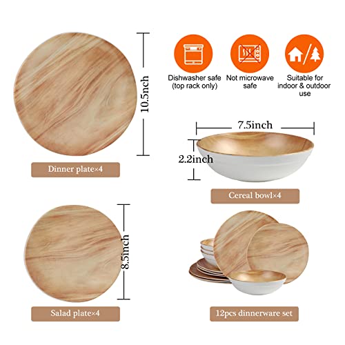 Felovuwon Melamine Dinnerware Set - 12 Pcs Indoor And Outdoor Use Melamine Plates And Bowls Sets, Unbreakable Camping Dish Set,Bamboo Pattern Dinner Dishes Sets For 4, Dishwasher Safe (Wood Grain) #TOP2