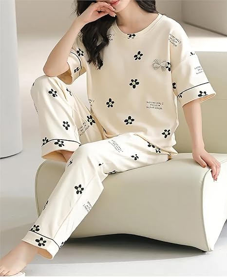 Image of Women's Pajama Set with Top & Pants|| Korean Night Wear|| Loose Fit Home Wear || Lightweight Printed Set || Soft & Comfy Girls & Women