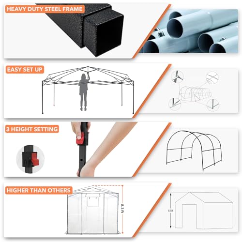 EAGLE PEAK Instant Pop-up Greenhouse, Indoor Outdoor Plant Gardening Green House, Roll-Up Zipper Doors and Side Windows, Heavy Duty Walk in 12x8 ft, Woven PE Cover, White