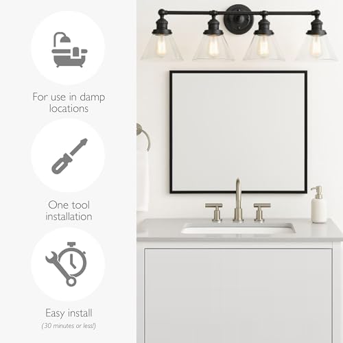 Image of Design House Augustin Vanity Light, 4-Light, Seeded Glass Warm Glow, Dimmable, Up /Down Glow, Easy Installation, E26 Socket, Black, 34.9 in L x 8.3 in D x 11.1 in H, 589044-BLK