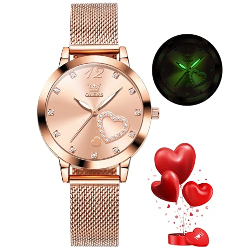 OLEVS Ladies Watch Japanese Quartz Rose Gold Stainless Steel Mesh Strap Diamond Luxury Dress Waterproof Luminous Bracelet Sets