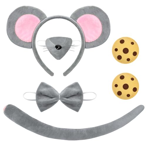 Dnicukii 6PCS Mouse Costume Set Mouse Ears Headband Nose Bow Tie Tail and 2PC Cookie Brooches Costume for Halloween Birthday Christmas Cosplay Dress Up Party Decorations