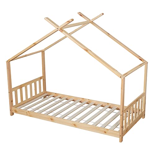 Happy Garden Lit cabane Enfant 190 x 90 cm en Bois de pin Naturel, avec sommier, tête et Pied de lit, Gaspard