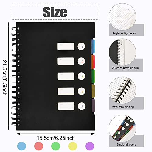 Eoout 2 Pack Spiral Notebook College Ruled, A5 5 Subject Notebook With Tabs, 6.25X8.5 Inches, 300 Pages Black Lined Journal With 5 Pocket Colored Dividers For School Home Office Supplies #TOP2