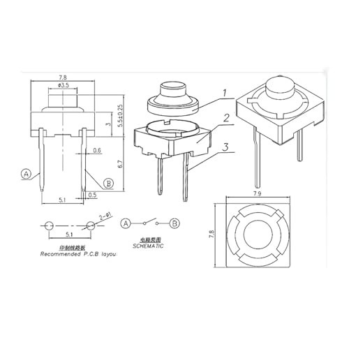 Interruptor de botón táctil silencioso G77 de 8x8x5 mm para circuitos impresos PCB 5