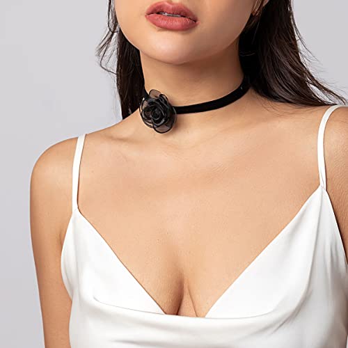 Palotay Flower Choker Necklace Flower Earrings Black Velvet Flower Choker Rose Choker Big Flower Choker Necklace Camellia Flower Lace Choker For Women Girls Bride Wedding Party Summer Necklaces Black A #TOP2
