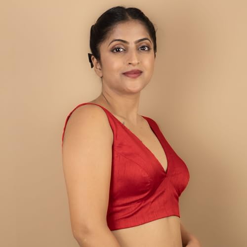 figure39s designer women39s dupion raw silk sleeveless v neck sabyasachi cut readymade saree blouse padded stitched s4