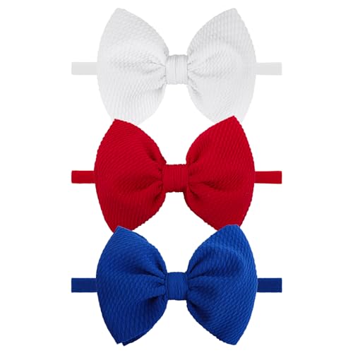 Image of YanJie 3rd of July Hairband Nylon Baby Girl Bows with Red, White, Blue Accents - One Size Fits All Infant Toddler Headbands for Festivals, Everyday Wear, and Special Occasions - Set of 3
