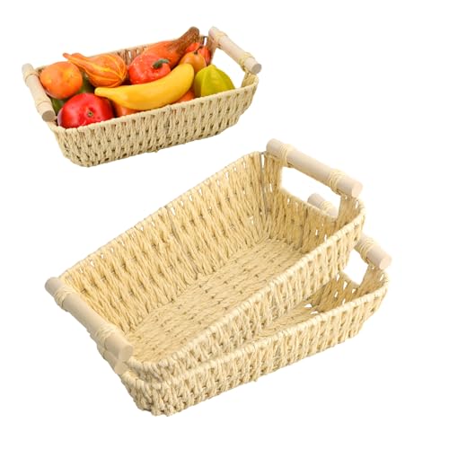 volumoon 2pcs Cestino Portaoggetti Intrecciati con manico in legno,Decorazione Cestini Stoccaggio,Contenitore Impilabile Intrecciato,Cesto Vimini,per Bagno Cameretta Salotto Ufficio