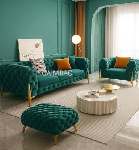 Image of Classic 3+1= 4 Seater with Footrest Seater Sofa Set Luxury Chesterfield Modern Fahionalable Sleeper Sofa for Living Room, Dining Room, (Teal Green FCA1)