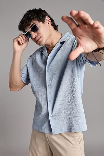 Image of FYLTR Men's Solid Textured Relaxed Fit Shirt - Half Sleeves | Cuban Collar | Comfortable Fit | Summer Shirts