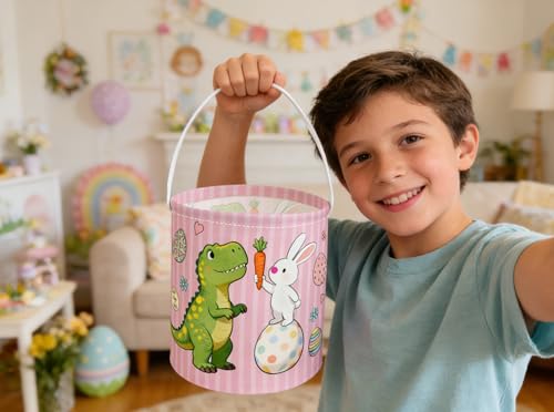 Image of Essme Easter Dinosaur Basket,Kids Easter Basket for Dinosaurs Decor,Dinosaurs Baskets,Gifts for Girls and Boys,Book Bins Empty.(Pink Dinosaur)