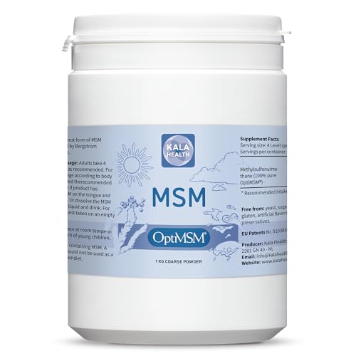 Kala Health - OptiMSM® Multi-stage distillation (Methylsulfonylmethane) MSM Powder Coarse Flakes (Crystals) 1000g, pure natural Sulphur for Joints, Skin, Hair & Nails - Laboratory-tested - NO ADDITIVES - 100% Vegan - USA made - 1 Ingredient