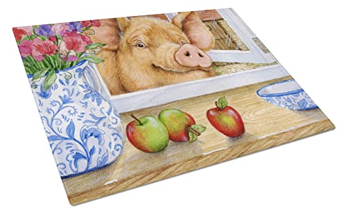 Caroline's Treasures CDCO0352LCB Pig trying to reach the Apple in the Window Glass Cutting Board Large Decorative Tempered Glass Kitchen Cutting and Serving Board Large Size Chopping Board