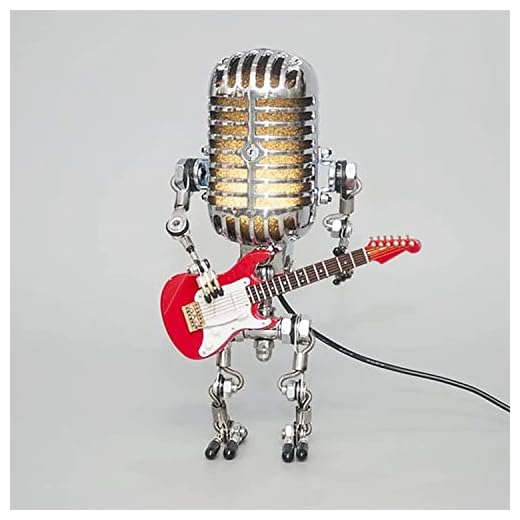 EXEDSCEND Lámpara De Robot De Micrófono Vintage, Lámpara De Mesa De Metal Retro Robot De Micrófono Y Lámpara De Guitarra con Atenuador Lámpara De Escritorio De Estilo Steampunk para El Hogar,Rojo